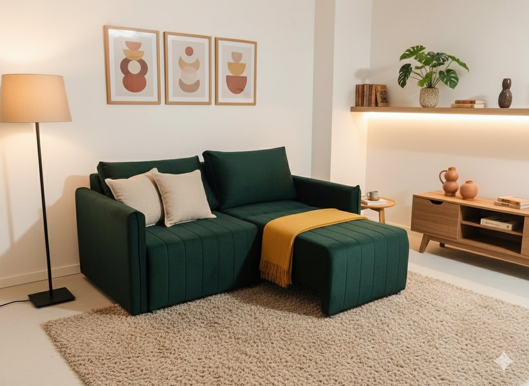 Sofá cama Madri Slim em veludo verde em um ambiente decorado
